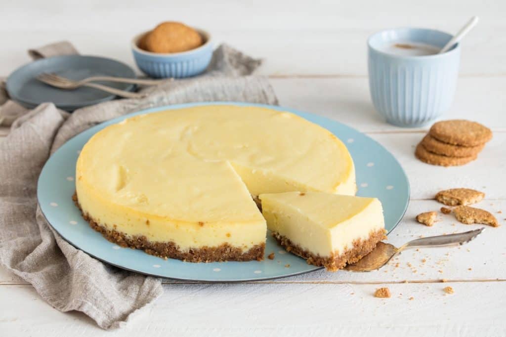 New York Cheesecake mit dem Thermomix® zubereitet auf einem hellblauen Teller – Foto: Kathrin Knoll