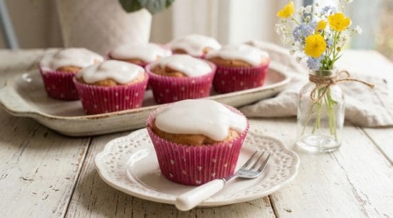 Muffins in rosa Förmchen mit Zuckerguss auf einer Platte, bzw. auf einem weißen Teller