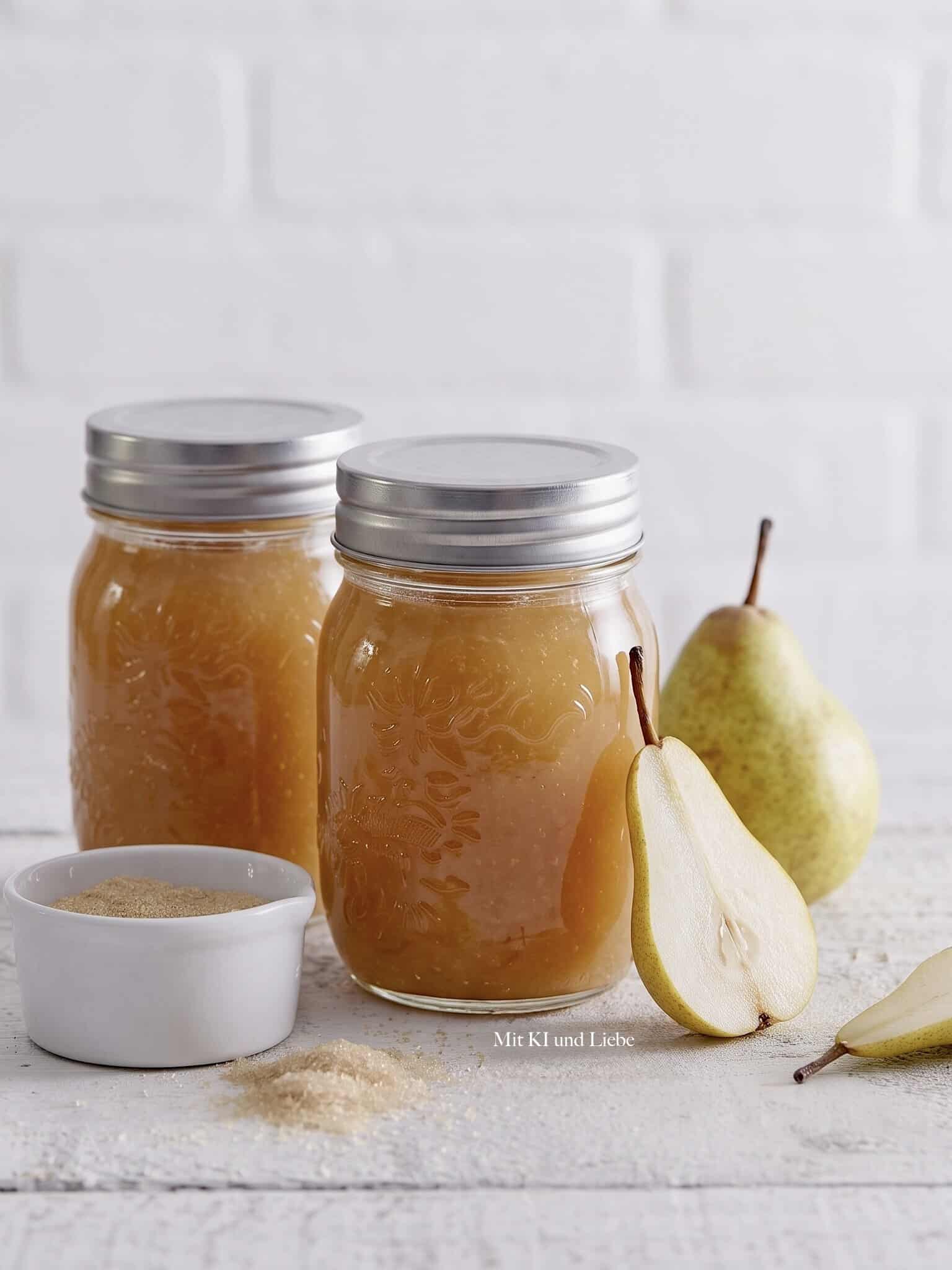 Zwei Gläser mit hell orangefarbender Marmelade, daneben liegen zwei Birnen