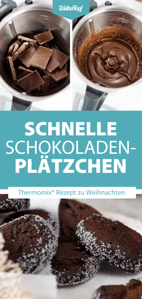 Zwei Fotos von Schokolade in Stücken im Mixtopf und geschmolzener Schokolade im Mixtopf, darunter ein Bild von den fertigen Schokocookies. Mittig steht: schnelle Schokoladenplätzchen - Thermomix® Rezept zu Weihnachten