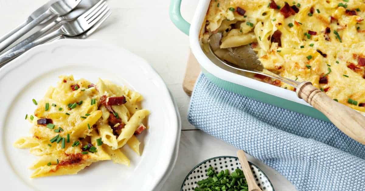 Cremiges Nudel-Schinken-Gratin