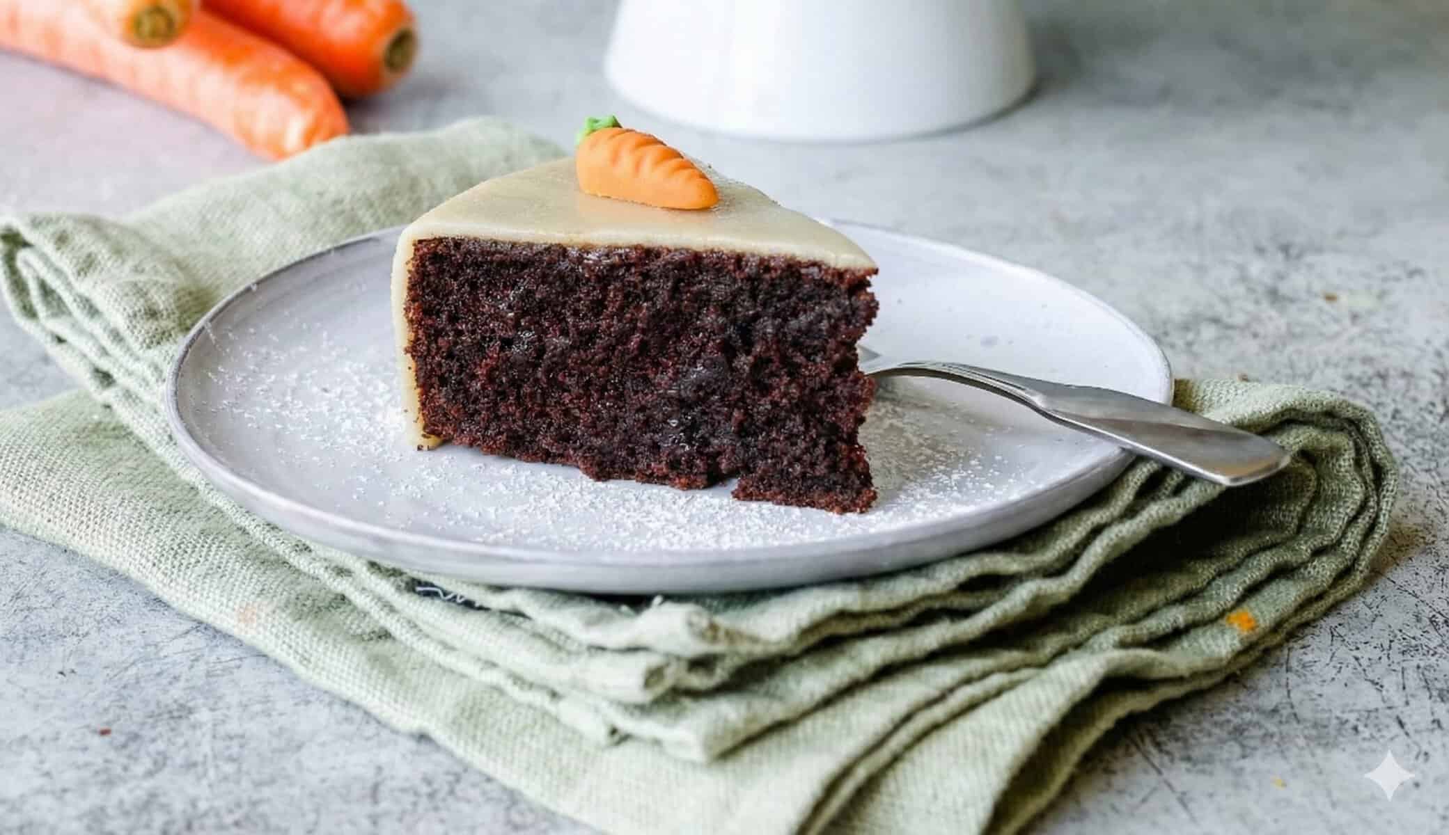 Ein Stück Schokoladenkuchen mit Marzipandecke und einer Karotte auf einem hellen Teller. Sehr saftig