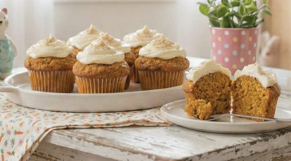 Mehrere Muffins mit hellem Frosting auf einem Teller, davor einer, der angeschnitten ist