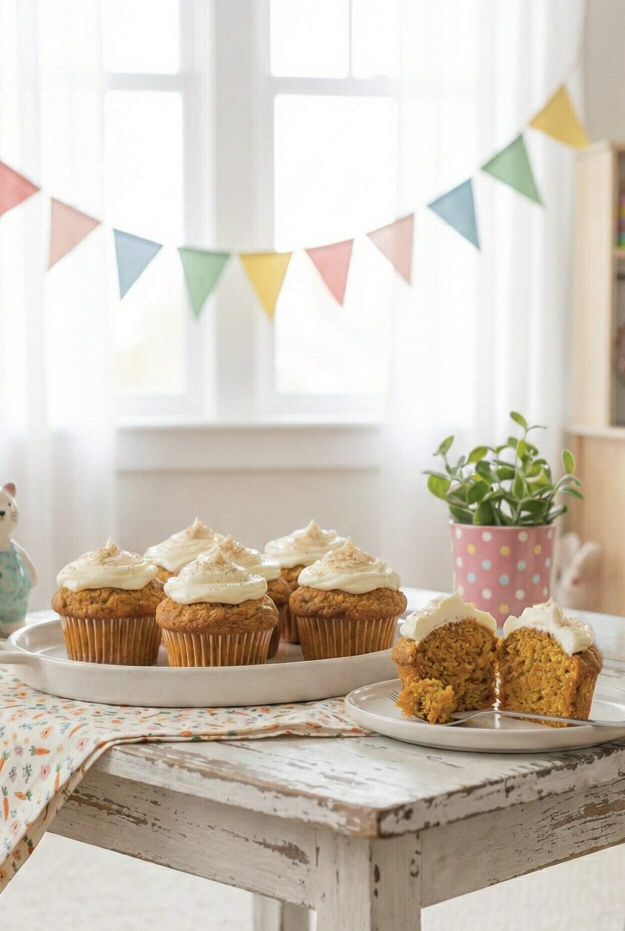 Mehrere Muffins mit hellem Frosting auf einem Teller, davor einer, der angeschnitten ist