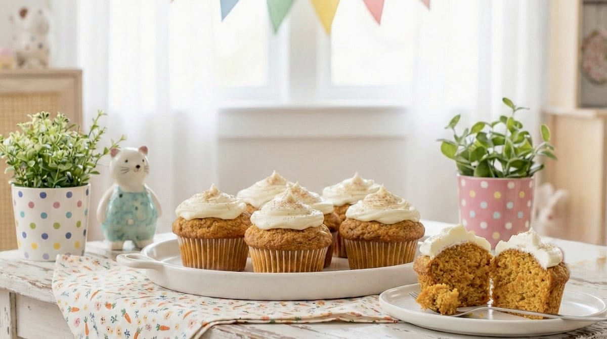 Mehrere Muffins mit hellem Frosting auf einem Teller, davor einer, der angeschnitten ist