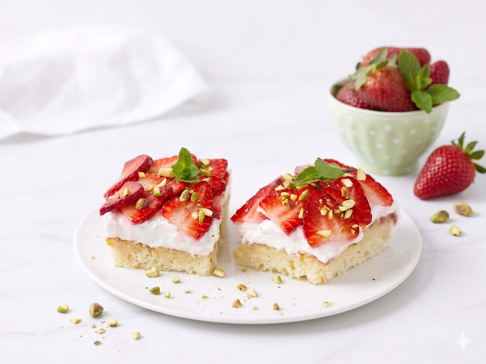 Zwei Stücke Erdbeerkuchen auf einem hellen Teller, im Hintergrund eine Schale mit Erdbeeren