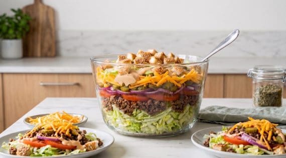 Eine Glasschüssel mit Salat, der geschichtet ist. Eisbergsalat, Hackfleisch, Käse und mehr