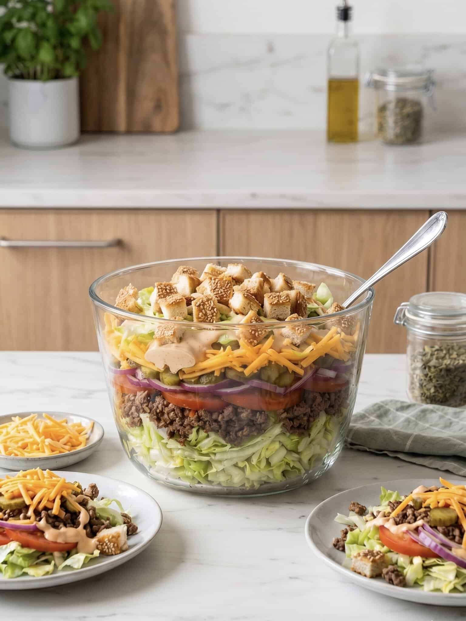 Eine Glasschüssel mit Salat, der geschichtet ist. Eisbergsalat, Hackfleisch, Käse und mehr