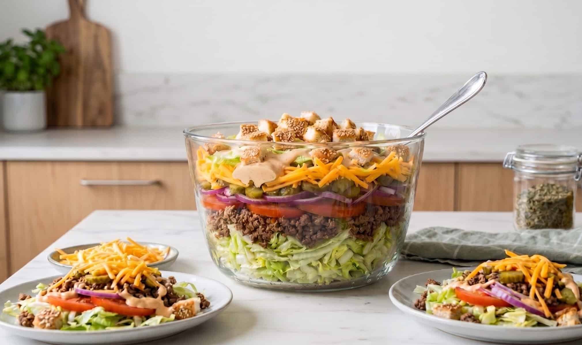 Eine Glasschüssel mit Salat, der geschichtet ist. Eisbergsalat, Hackfleisch, Käse und mehr