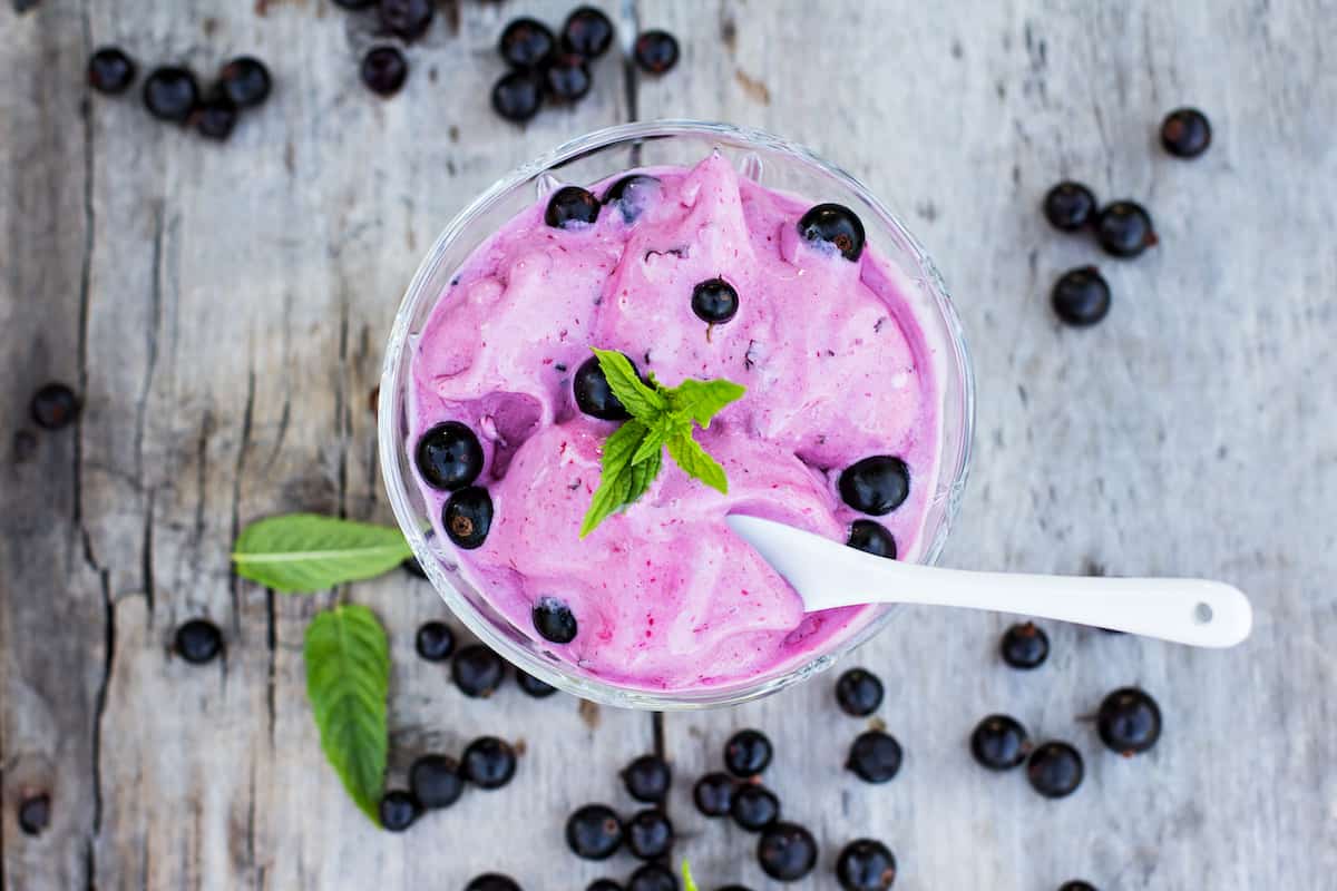 Frozen Joghurt mit Heidelbeeren aus dem Thermomix® von oben fotografiert auf grauem Holz