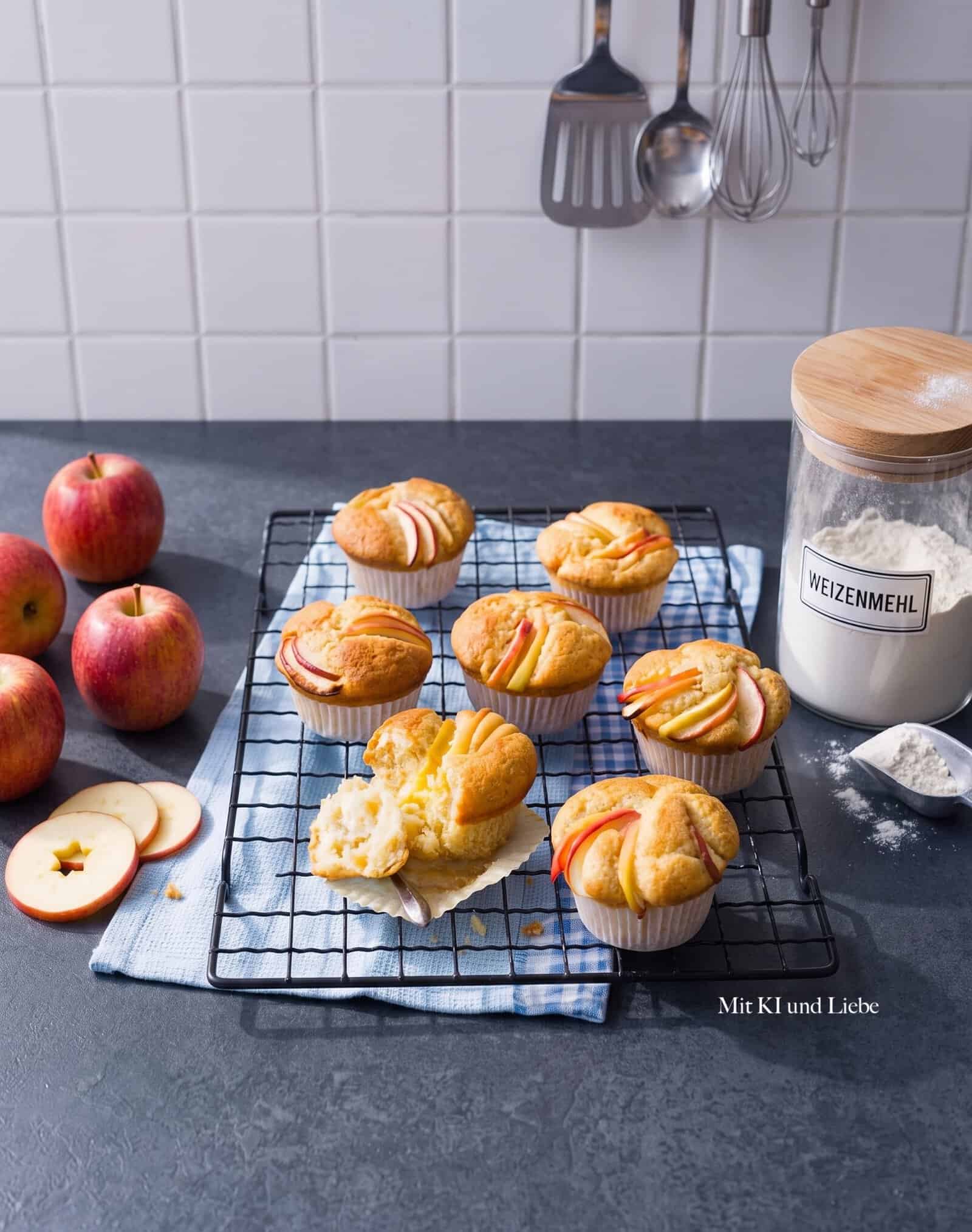 apfelmuffins auf einem Gitter, daneben Äpfel