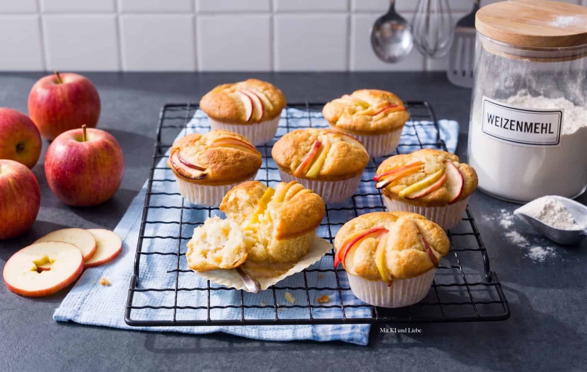 Apfelmuffins auf einem Gitter, daneben Äpfel