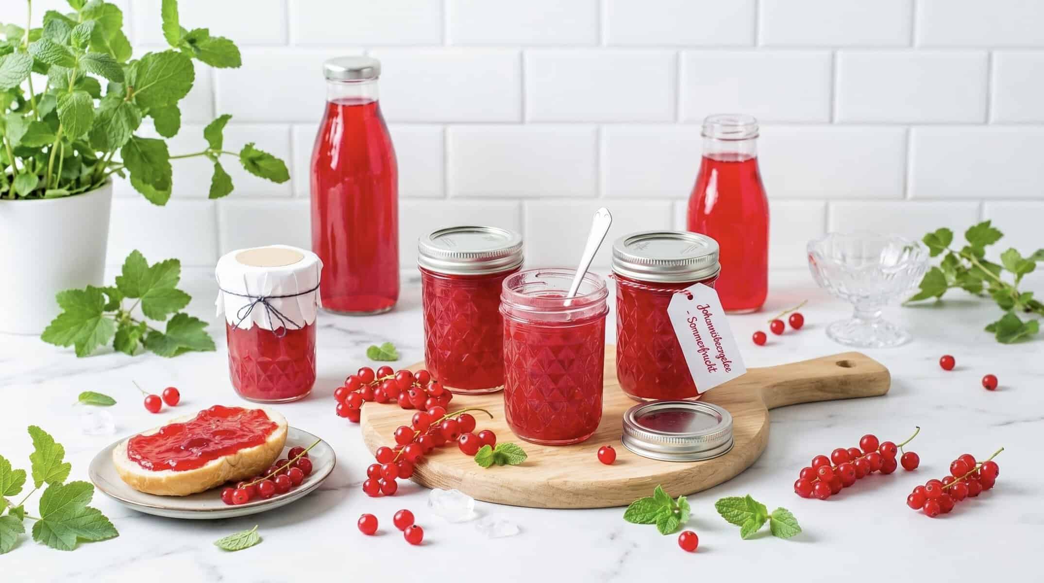 Mehrere Gläser mit rotem Gelee, umgeben von Johannisbeeren