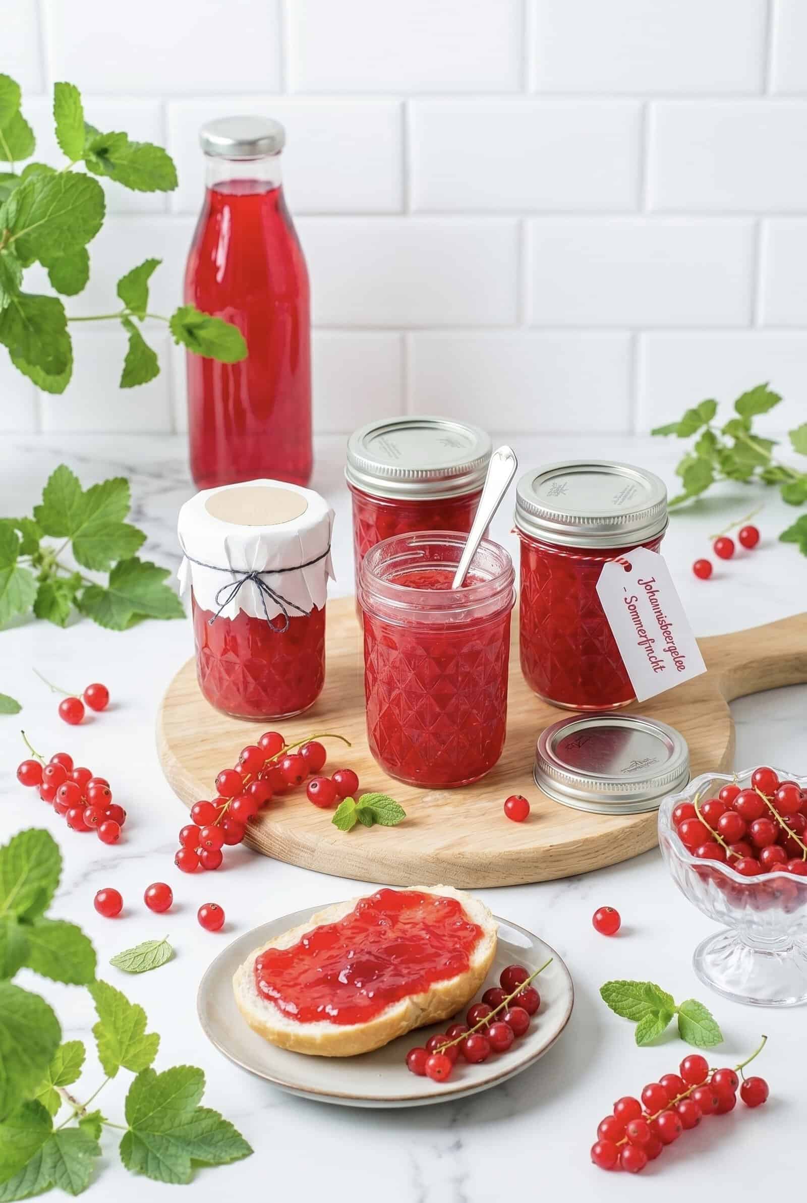 Mehrere Gläser mit rotem Gelee, umgeben von Johannisbeeren