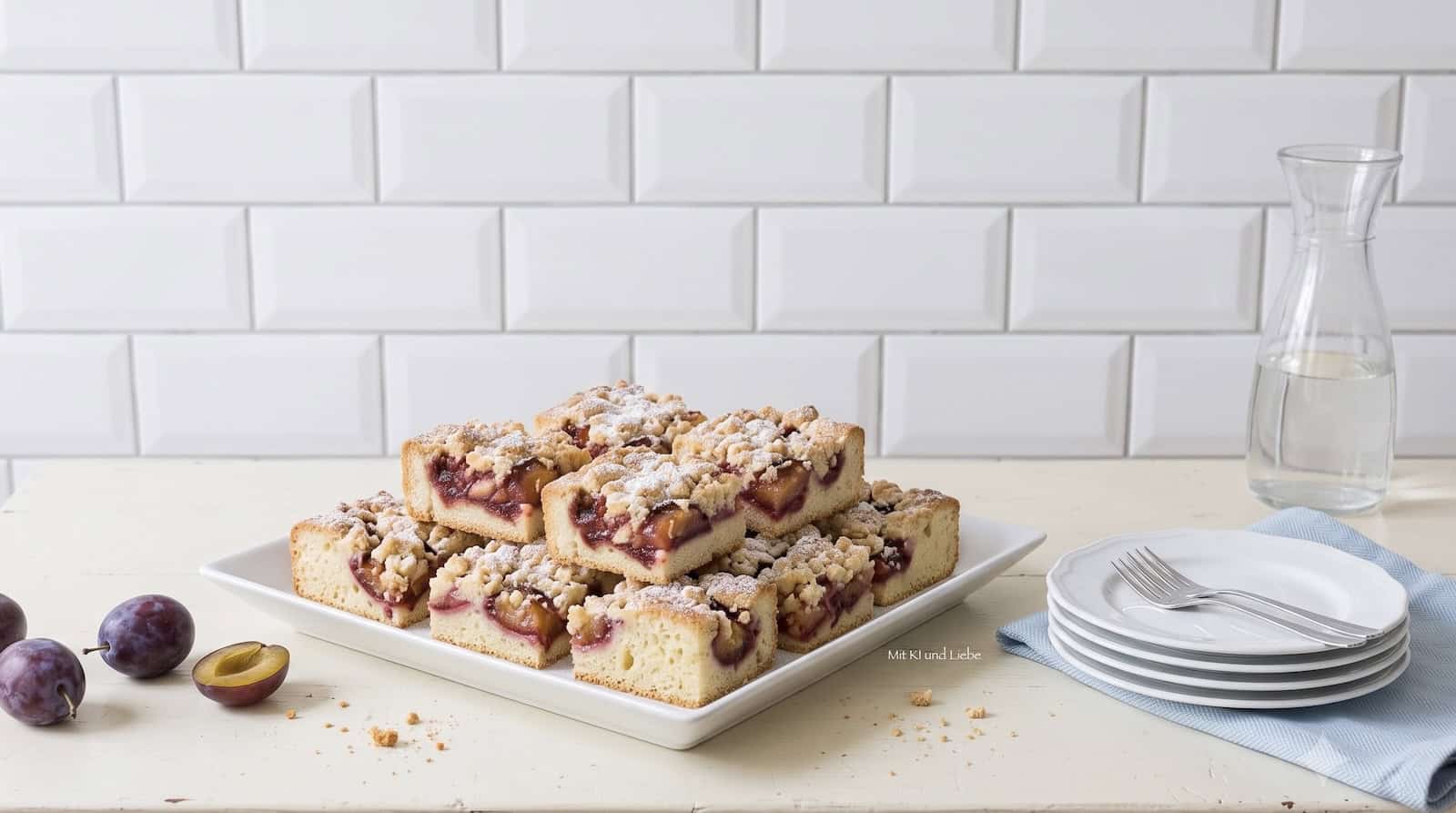 Ein Teller mit Pflaumenkuchen in Stücken