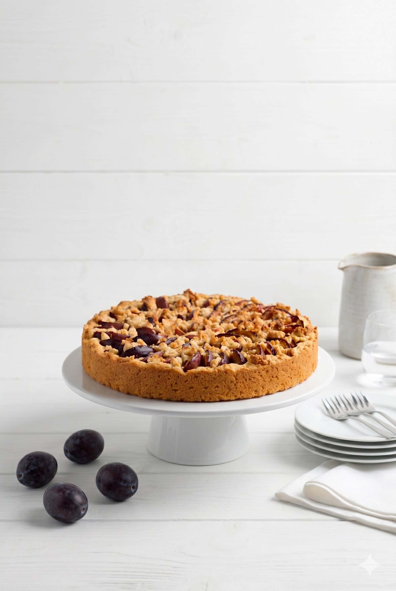 Pflaumenkuchen mit Streuseln auf einer weißen Tortenplatte