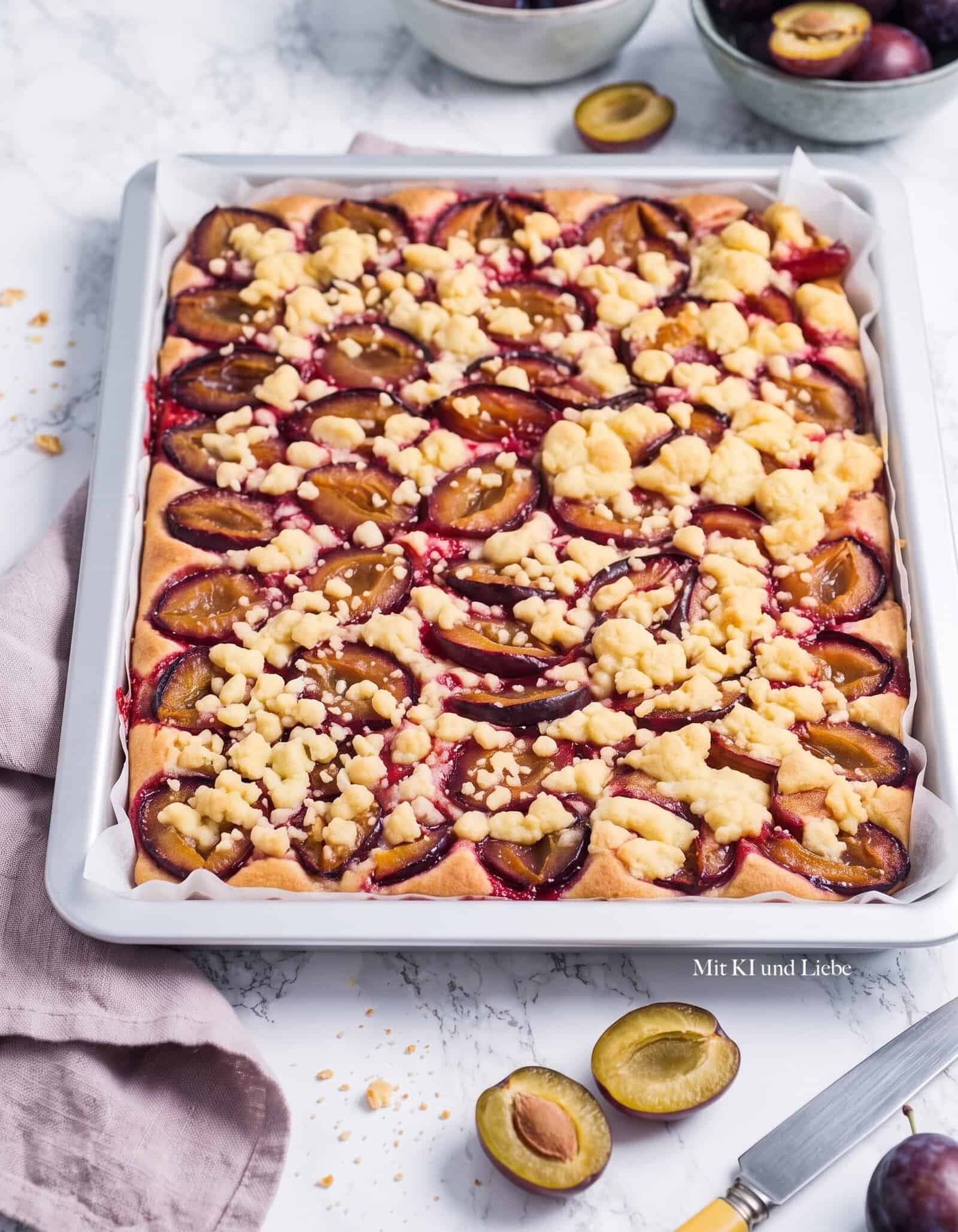 Zwetschgenkuchen mit Streuseln auf einem Blech von oben fotografiert