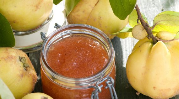 quittenmarmelade in einem Glas umgeben von Quitten