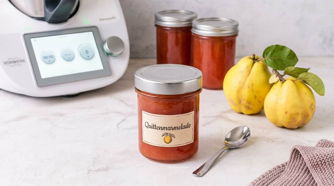 Drei Gläser mit orangefarbener Quittenmarmelade, daneben Quitten und ein Thermomix®