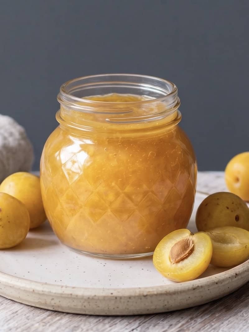 Ein Glas mit gelber Marmelade auf einem grauen Teller, daneben liegen Mirabellen