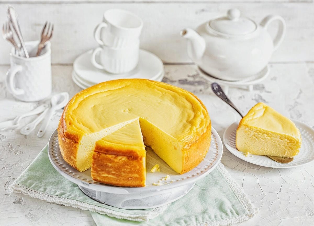Ein Teller mit Käsekuchen, von dem schon zwei Stücken abgeschnitten sind. Im Hintergrund helles Geschirr