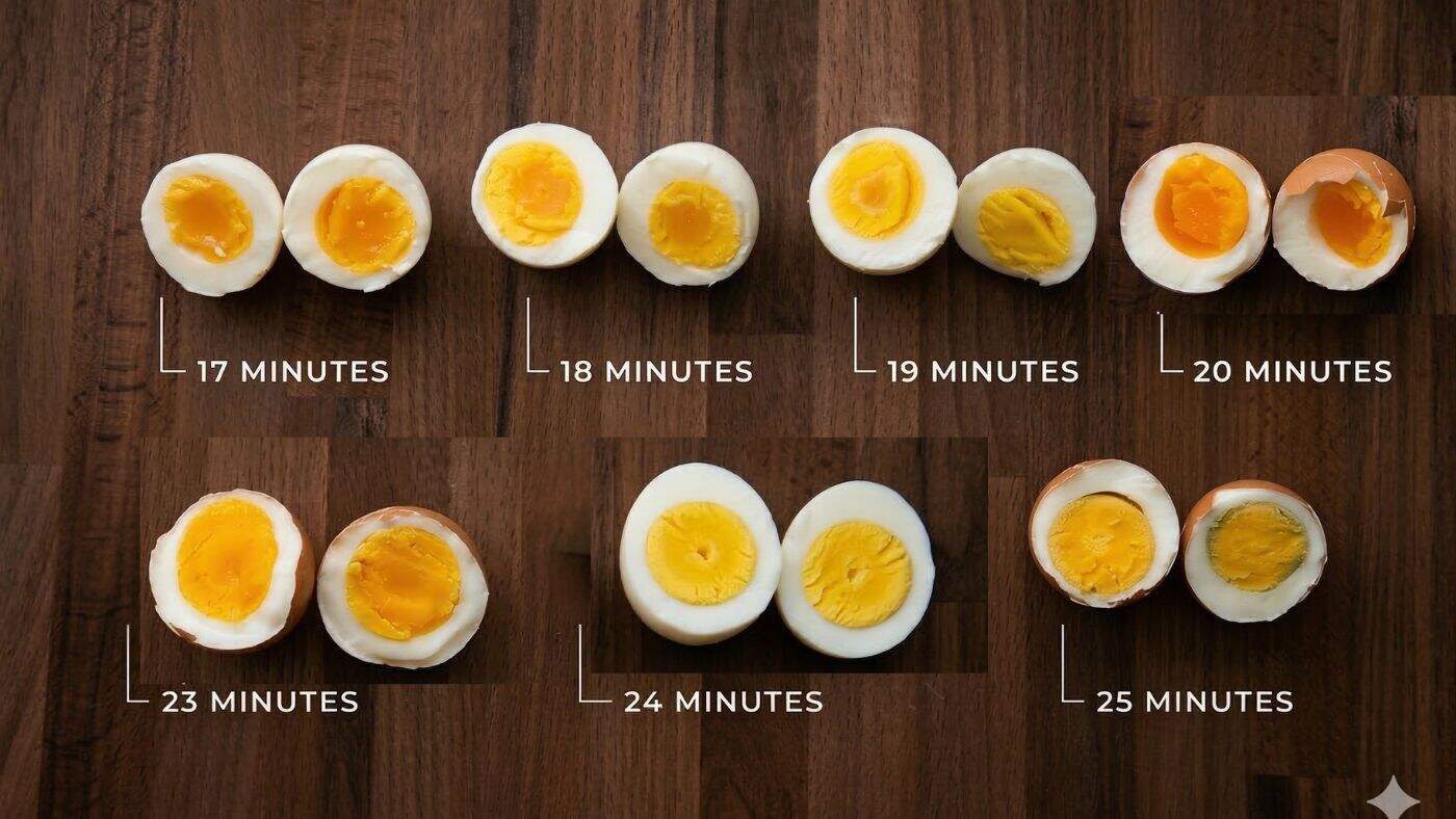 Mehrere, halbierte Eier, von weich bis hart