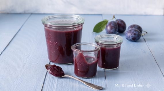 Drei Gläser mit dunkelrotem Fruchtaufstrich, daneben liegen Zwetschgen