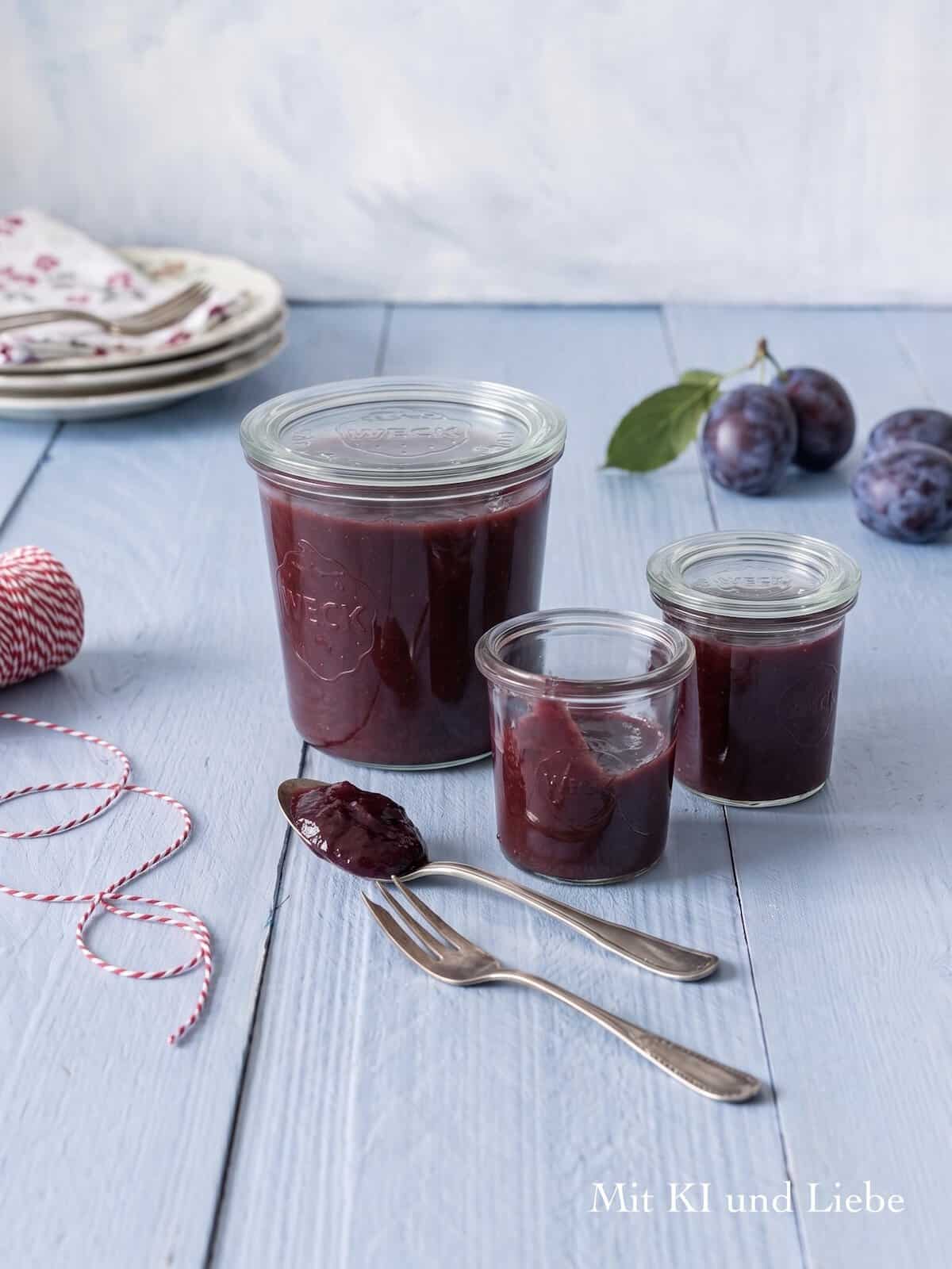 Drei Gläser mit dunkelrotem Fruchtaufstrich, daneben liegen Zwetschgen