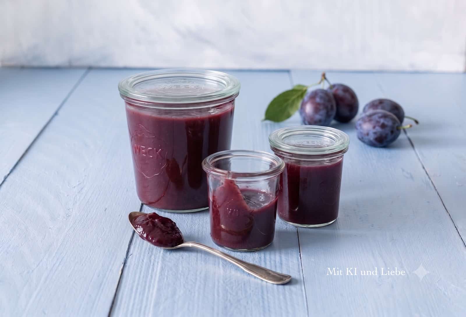 Drei Gläser mit dunkelrotem Fruchtaufstrich, daneben liegen Zwetschgen
