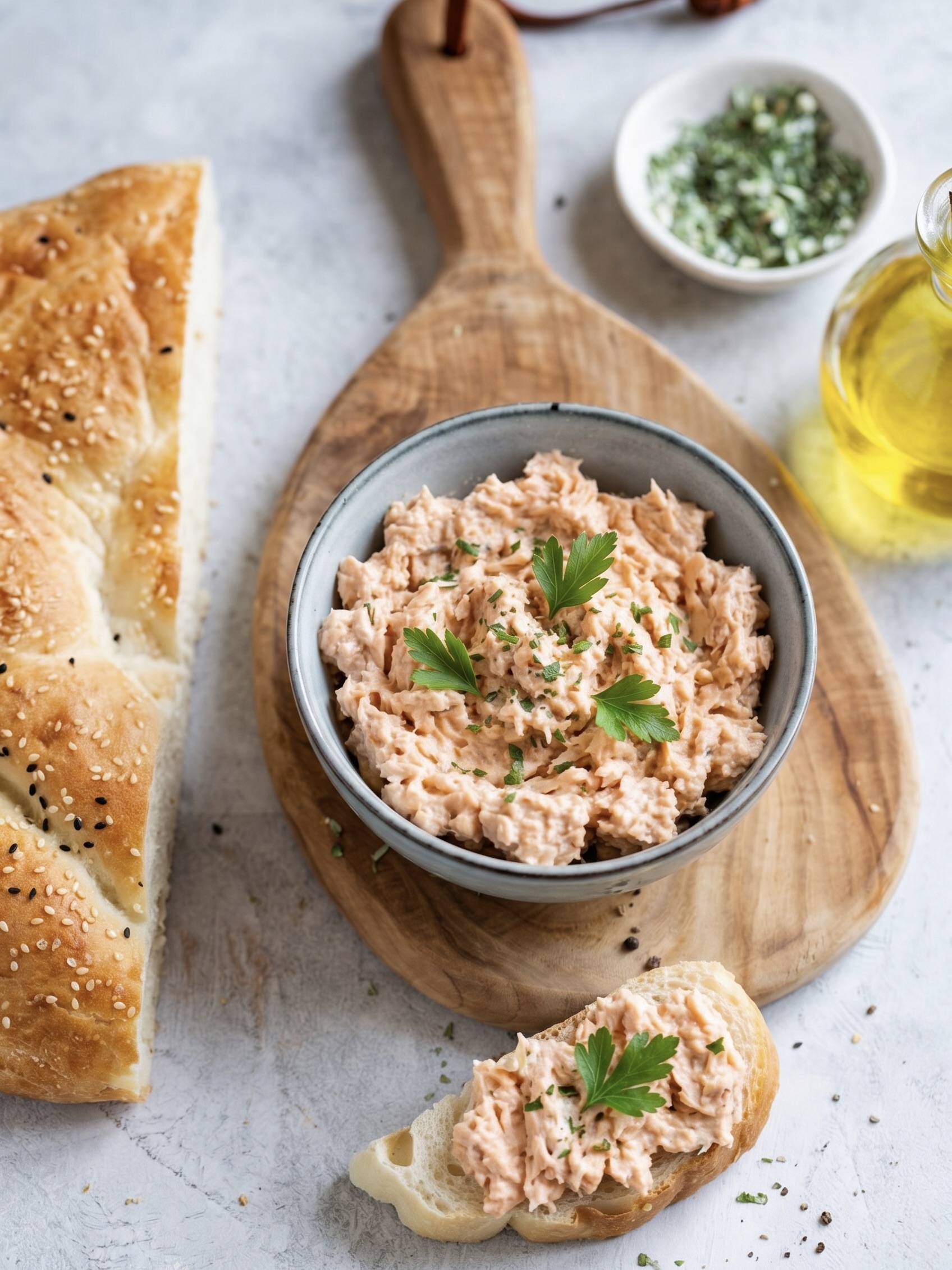 Lachs-Dip in einer Schale auf einem Holzbrett