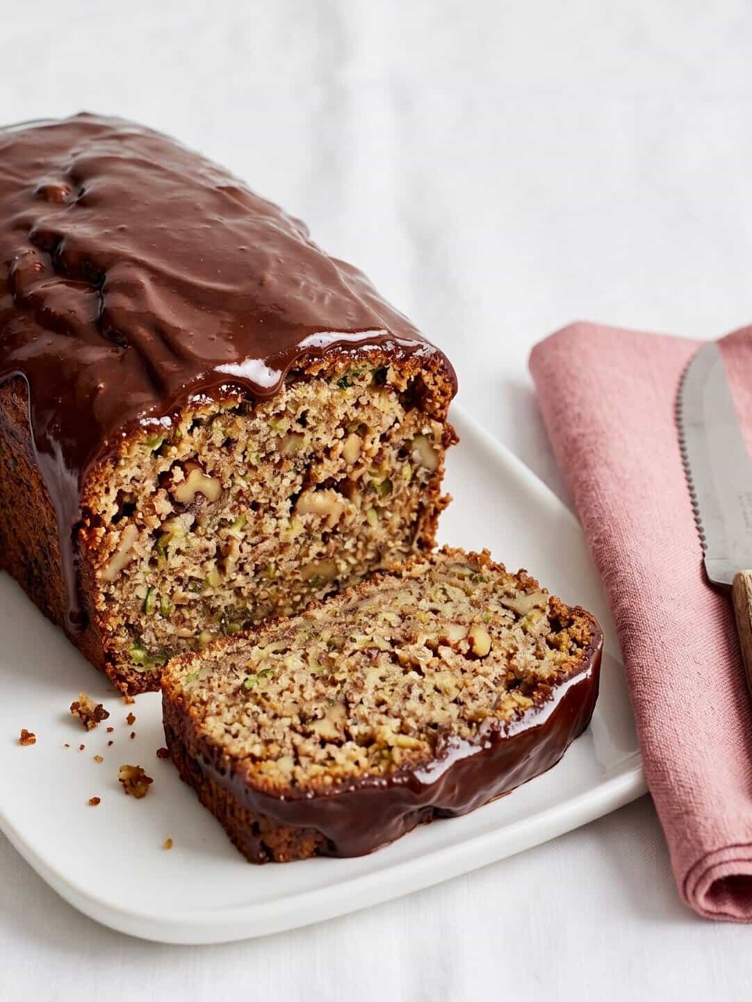 Ein Kastenkuchen mit Schokoladenglasur, angeschnitten