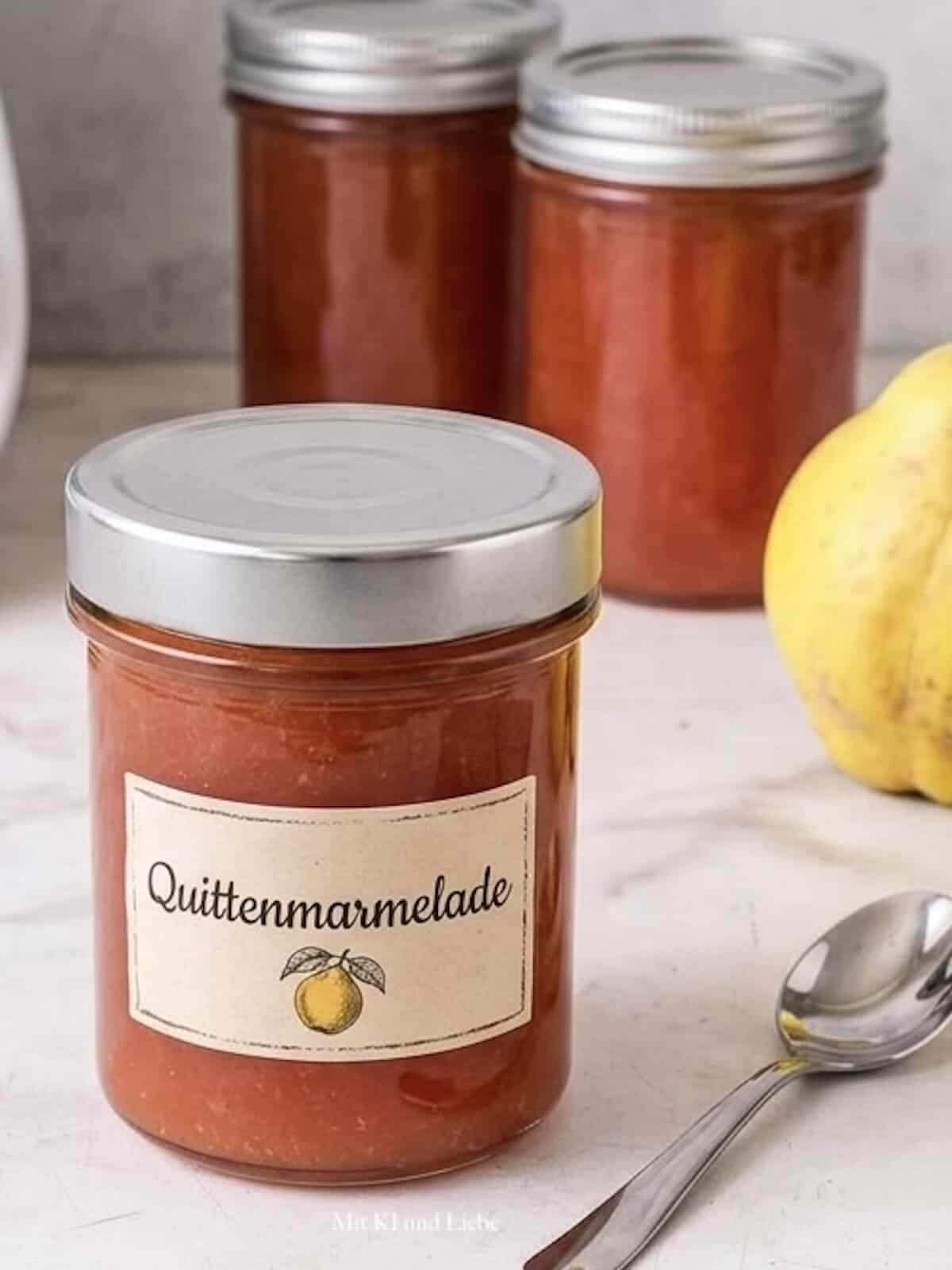 Drei Gläser mit orangefarbener Quittenmarmelade, daneben Quitten